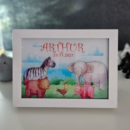 Nachtlicht mit Name & Geburtsdatum - niedliche Tiere in Landschaft -Safari