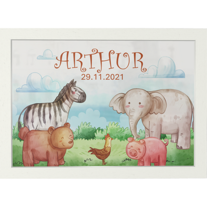 Nachtlicht mit Name & Geburtsdatum - niedliche Tiere in Landschaft -Safari